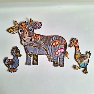 Cow and Ducks Farm Animals Embroidered Patch Set 3 Pcs, Colorful Fabric Folk Art Iron On Patch for Jacket Back, Countryside Farmhouse Gift