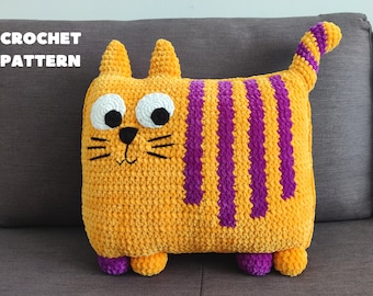 Striped Cat Pillow Crochet Pattern. Crocheted Cat Toy. Home Decor Animal Cushion. Crochet PDF Pattern. Amigurumi Cat. English language