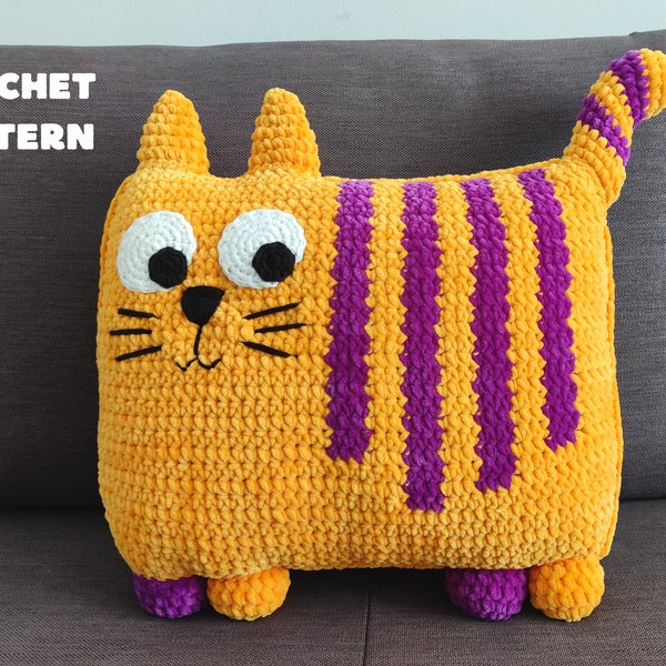 Striped Cat Pillow Crochet Pattern. Crocheted Cat Toy. Home Decor Animal Cushion. Crochet PDF Pattern. Amigurumi Cat. English language