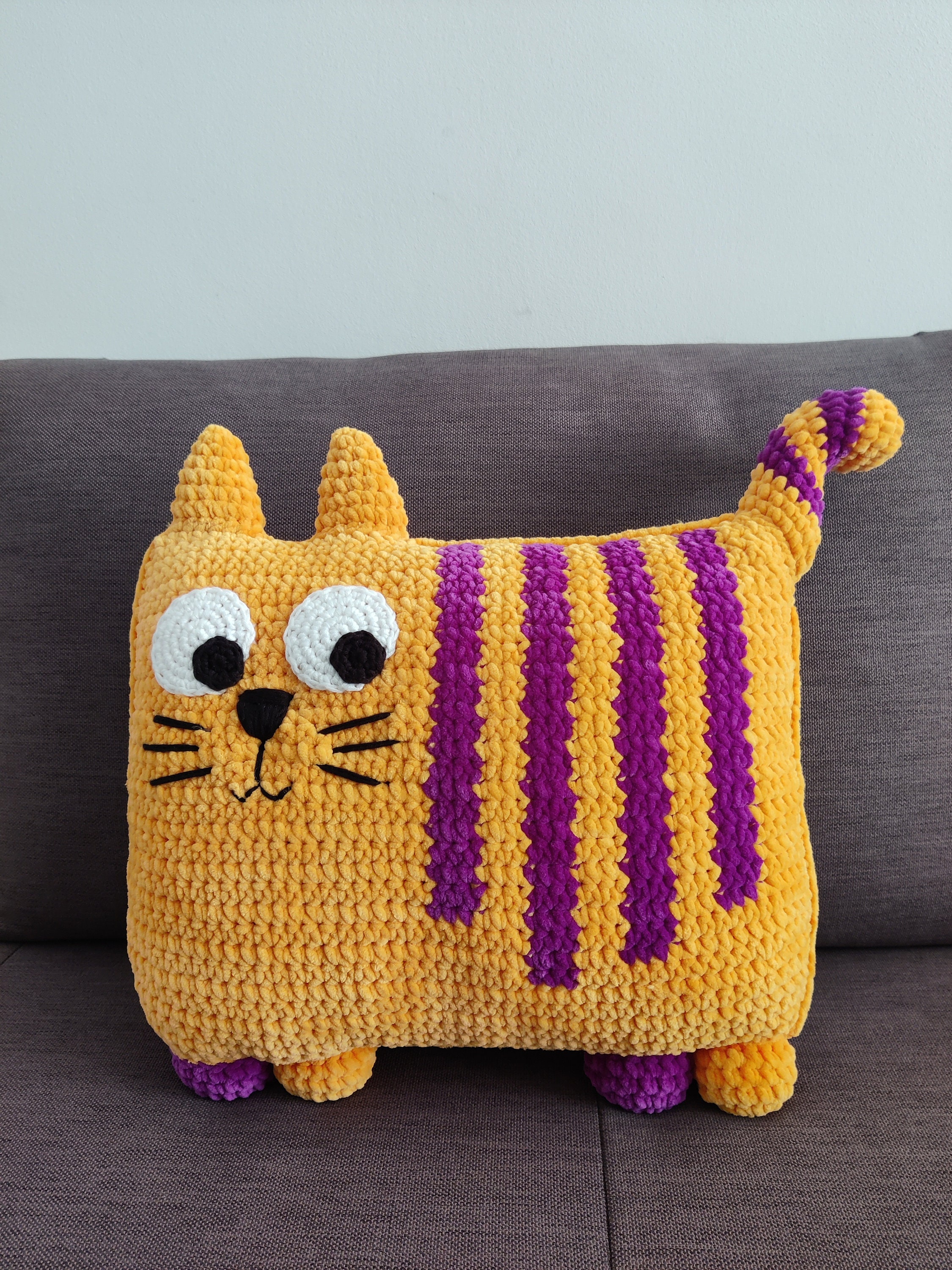 Striped Cat Pillow Crochet Pattern. Crocheted Cat Toy. Home Decor