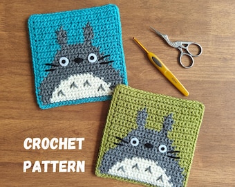 Totoro Cup Coaster Crochet Pattern. PDF tutorial in English (US terms). Diagram included. My Neighbor Totoro Anime Square Crochet Pattern