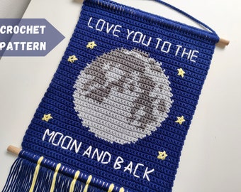 Love to the Moon Wall Hanging Crochet Pattern + Chart. Valentine&#39;s Day Crochet Pattern. Intarsia Crochet Home Decor. Instant PDF download