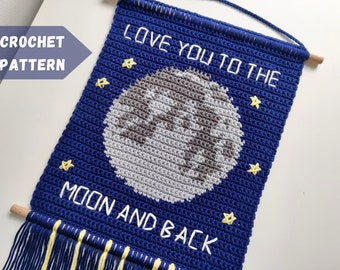 Love to the Moon Wall Hanging Crochet Pattern + Chart. Valentine's Day Crochet Pattern. Intarsia Crochet Home Decor. Instant PDF download