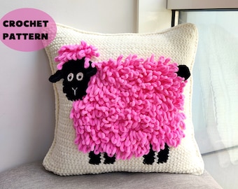 Sheep Pillow Crochet Pattern + Chart and Loop Stitch tutorial included. Crochet Sheep Cushion Pattern. Home Decor. Instant PDF download