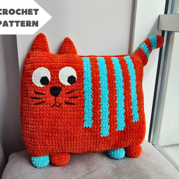 Gestreifte Katze Kissen Häkelanleitung. Kitty Kissen Muster. Gehäkelte Spielzeug Kissen. Katzenkissen Häkelanleitung. Amigurumi Katze. Englische Sprache