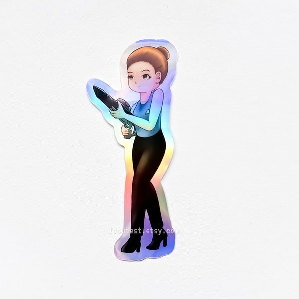 Holographic Janeway rail gun sticker, Janeway Star Trek sticker, Janeway doll vinyl decal, Star Trek Voyager bumper sticker birthday gift