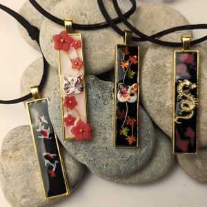 Japanese style resin kitsune fox dragon koi fish cherry blossom sakura necklace for Mens gifts