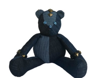 Punk Rock Teddy Bear - Recycle Denim Jeans - Patchwork Denim Teddy Bear Stuffed Animal - Upcycled - Mohawk Studded Cuffs Safety Pin