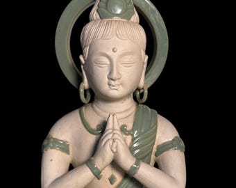 Vintage japansk bodhisattvastaty | Glaserad keramik | Spirituell från mitten av århundradet | Antik dekoration samlarobjekt