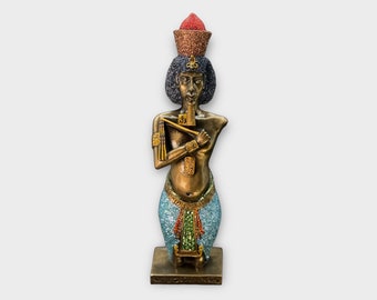 Vintage Veronesisk Akhenaten-staty: Glitter & Kristall Bejeweled Egyptisk Farao Signerad Konst