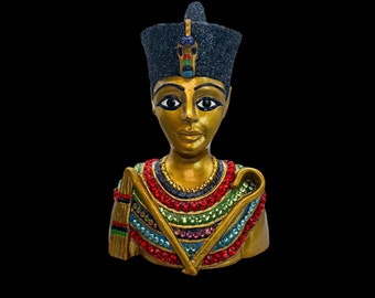 Vintage miniatyrbyst av kung Tut: Veronese 2000, kristall- och glittrigt utsmyckad egyptisk signerad konst