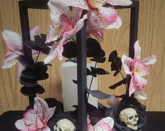 Lantern with Lilies, roses and skulls