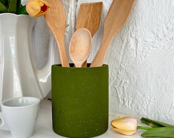 Groene keukengereihouder, betonnen keukenvoorraadpot, keukengerei, pot keukenorganizer, keukenaccent Provençaalse keuken, keukengerei cadeau voor moeder