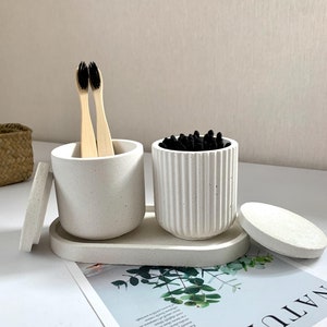 Q-Tips Holder Cotton Pads Holder White Bathroom Jars With Lid Toothbrush Holder Concrete Bathroom Organiser Set Bathroom Storage