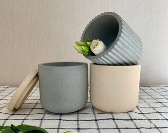 Concrete Jar with lid, Decorative Vessel, Textured bowl, Minimalist Candle jar, Concrete Candle Container, Succulent planter, flowerpot