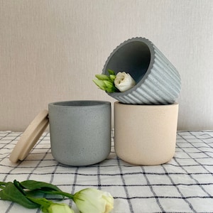 Concrete Jar With Lid Minimalist Flowerpot Candle Container Succulent Planter Cement Canister Rustic Vessel Textured Bowl Wavy Concrete Pot