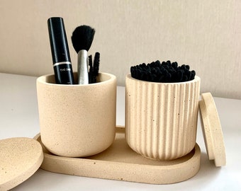 Bathroom accessories set | Storage for cotton wool pads, cotton buds | Skincare organizer | Beige Jars with lid | Bathroom storage container