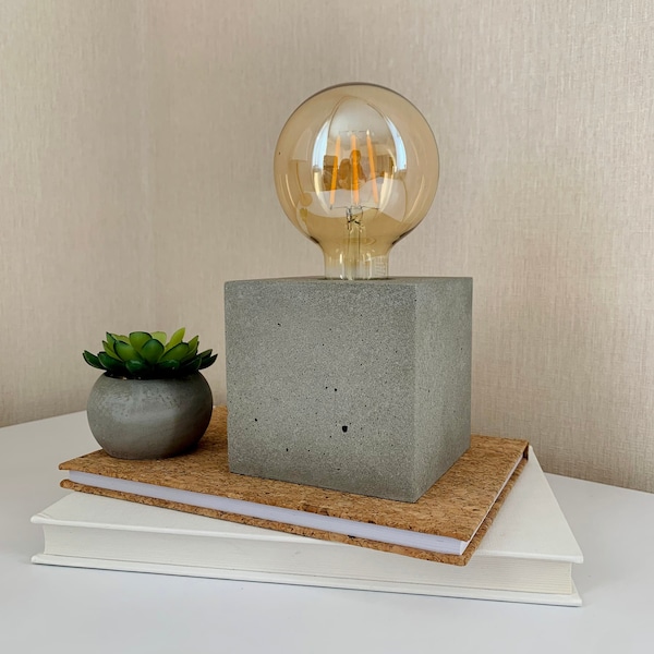 Concrete table lamp | Modern Cube lamp | Office desk accessories for men | Bedside lamp | Industrial  lighting |  Night stand decor