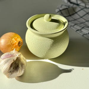 以下が含まれることがあります： 蓋付きの淡い緑色のセラミックジャー。黄色の玉ねぎとニンニクの球根の隣にあります。ジャーはテクスチャ加工された表面と蓋の小さなノブを備えています。シーンは日光で照らされ、影ができています。