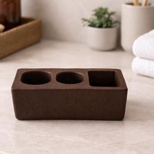 Hållare för elektrisk tandborste i betong, modern bänkorganisatör i badrum, minimalistisk toalettbricka i cement, modern badrumsinredning Brun