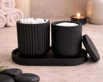 Bathroom Set With Tray, Cotton Pad Holder, Q-tip Jar, Bathroom Storage Jars with Lid, Black Bathroom Accessories Set, Bathroom Organiser Set