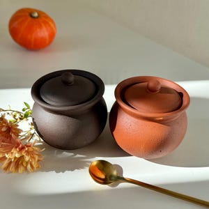 May include: Two small, round, lidded ceramic pots, one dark brown and one terracotta, sit side-by-side. A small, orange pumpkin and a gold-colored spoon are also present. The pots have a rustic, handmade appearance, suggesting they are for kitchen or decorative use.