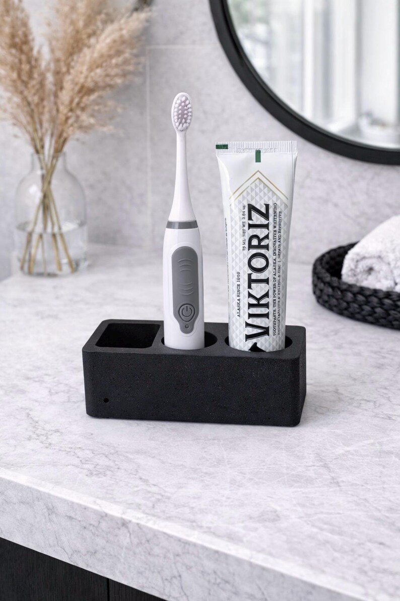 Hållare för elektrisk tandborste i betong, modern bänkorganisatör i badrum, minimalistisk toalettbricka i cement, modern badrumsinredning bild 13