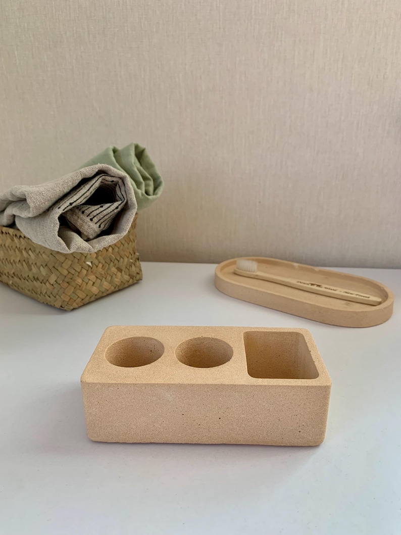 Hållare för elektrisk tandborste i betong, modern bänkorganisatör i badrum, minimalistisk toalettbricka i cement, modern badrumsinredning bild 18