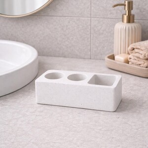 Hållare för elektrisk tandborste i betong, modern bänkorganisatör i badrum, minimalistisk toalettbricka i cement, modern badrumsinredning Vit