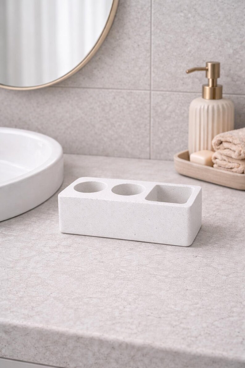 Hållare för elektrisk tandborste i betong, modern bänkorganisatör i badrum, minimalistisk toalettbricka i cement, modern badrumsinredning Vit