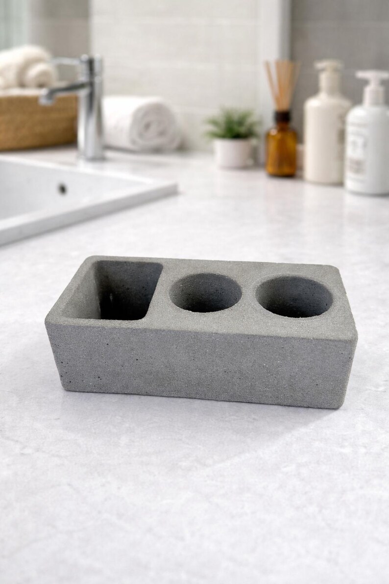 Hållare för elektrisk tandborste i betong, modern bänkorganisatör i badrum, minimalistisk toalettbricka i cement, modern badrumsinredning Grå