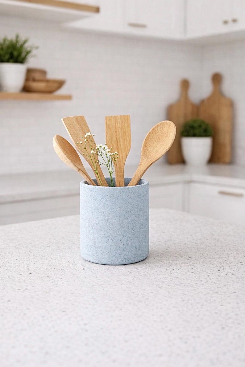 Portautensili in cemento, portautensili rustico, vaso in cemento per bancone da cucina, barattolo in cemento per utensili da cucina, decorazione industriale per cucina pastel blue