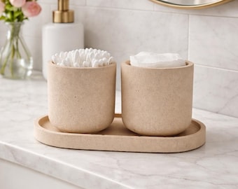 Handmade 3-Piece Bathroom Organizer Set – 2 Canisters with Tray for Cotton Pads, Q-tips – Minimalist Scandinavian Cement Vanity Decor