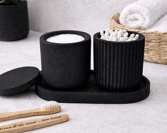 Bathroom set of three | Storage for Cotton Wool Pads, Cotton Buds | Black Bathroom Accessories | Bathroom Organizer | Bathroom Jars with Lid