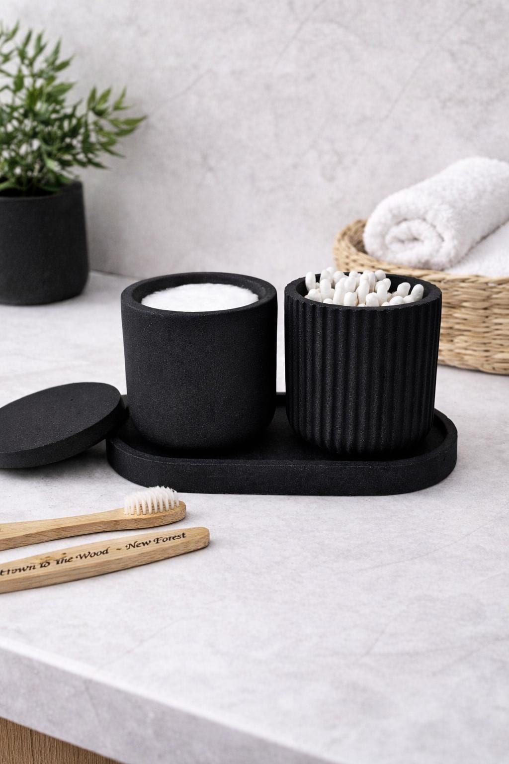 Badezimmer-Set (3-teilig) | Aufbewahrung für Wattepads und Wattestäbchen | Schwarze Badezimmeraccessoires | Badezimmer-Organizer | Badezimmerdosen mit Deckel