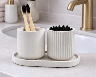 Q-Tips Jar &  Toothbrush Holder Set, Cotton Pads Holder, Bathroom Storage Jar With Lid,  Bathroom Organiser, Concrete Bathroom Accessories