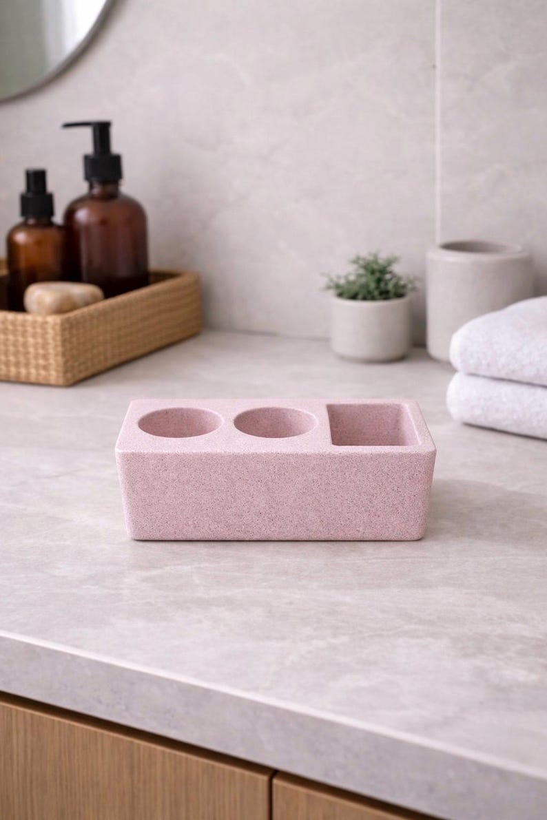Hållare för elektrisk tandborste i betong, modern bänkorganisatör i badrum, minimalistisk toalettbricka i cement, modern badrumsinredning pastel pink