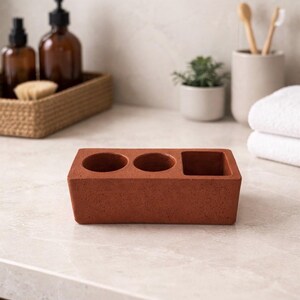 Hållare för elektrisk tandborste i betong, modern bänkorganisatör i badrum, minimalistisk toalettbricka i cement, modern badrumsinredning terracotta