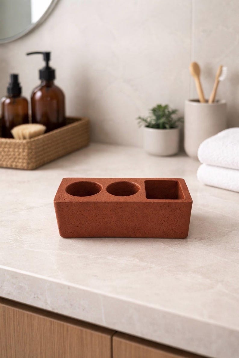 Hållare för elektrisk tandborste i betong, modern bänkorganisatör i badrum, minimalistisk toalettbricka i cement, modern badrumsinredning terracotta