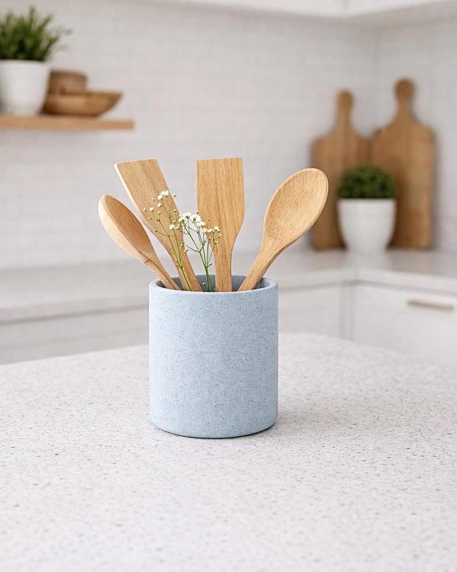 Blue Concrete Utensil Holder, Modern Kitchen Cup, Minimal Countertop Organizer, Nordic Style Decor, Cement Storage Container