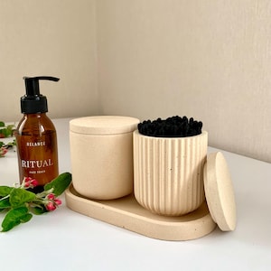 Concrete Bathroom organizers set | Storage for cotton wool pads, cotton buds | Toothbrush holder | Beige Bathroom Decor Jar with lid