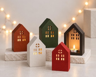 Concrete House Candle Holder, Mini Cottage Tealight Lantern, Fireplace Mantel Decor, Unique Christmas Gift, Seasonal Home Accents
