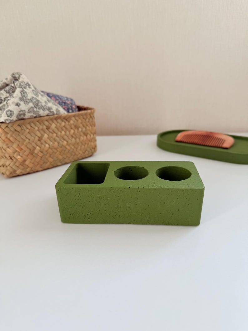 Hållare för elektrisk tandborste i betong, modern bänkorganisatör i badrum, minimalistisk toalettbricka i cement, modern badrumsinredning olive green