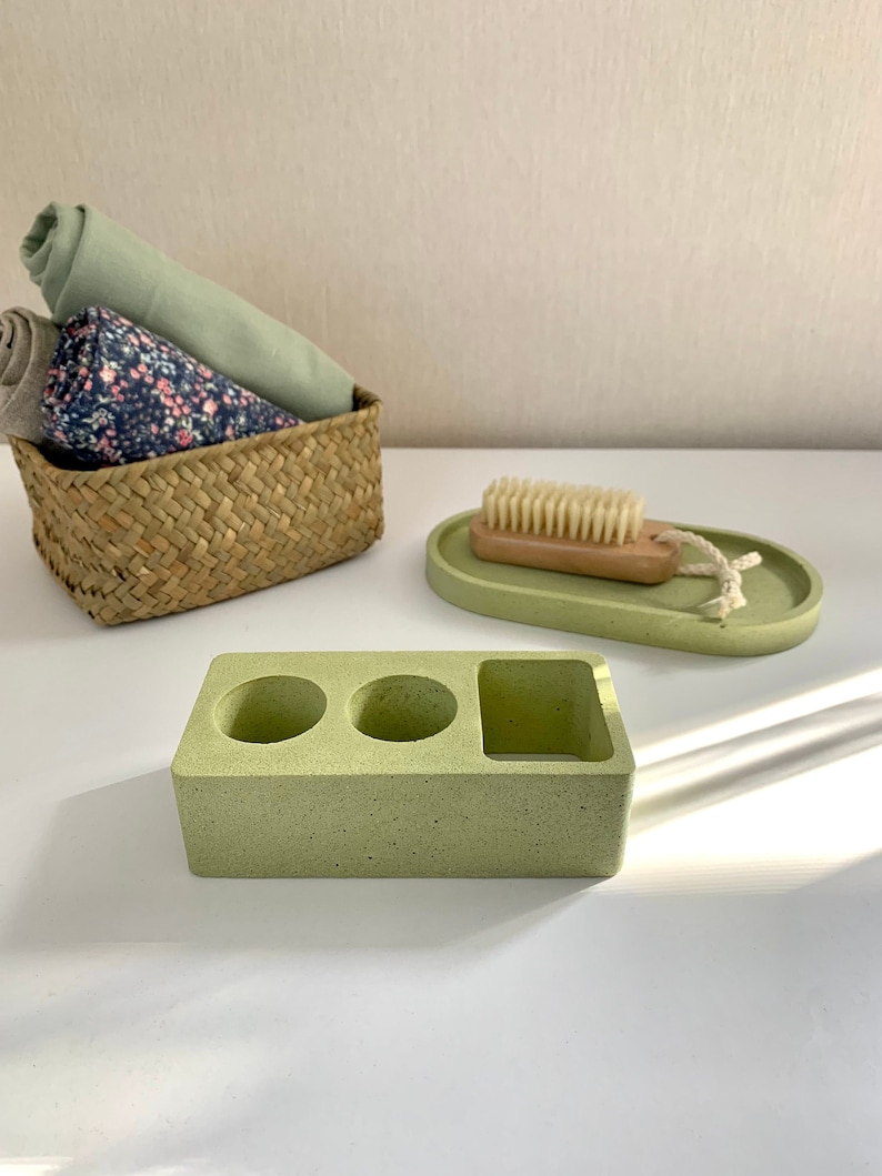 Hållare för elektrisk tandborste i betong, modern bänkorganisatör i badrum, minimalistisk toalettbricka i cement, modern badrumsinredning Pistachio green