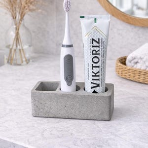 Hållare för elektrisk tandborste i betong, modern bänkorganisatör i badrum, minimalistisk toalettbricka i cement, modern badrumsinredning bild 5