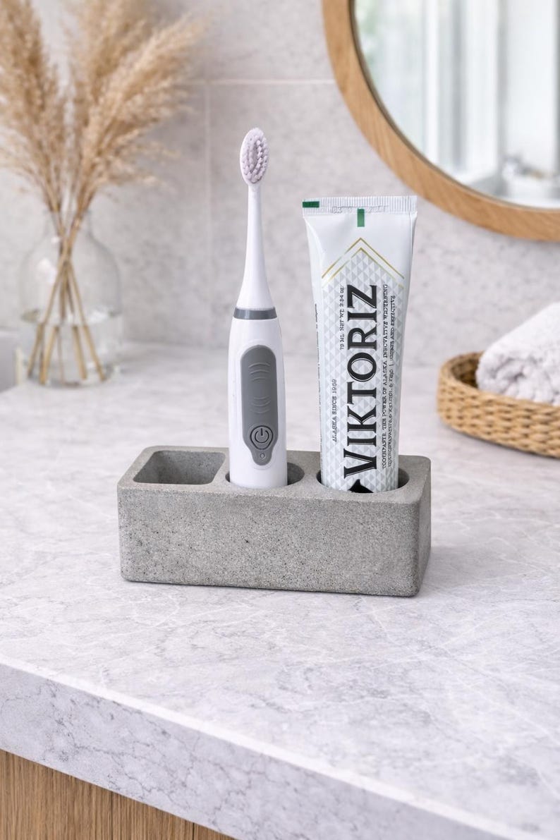Hållare för elektrisk tandborste i betong, modern bänkorganisatör i badrum, minimalistisk toalettbricka i cement, modern badrumsinredning bild 5