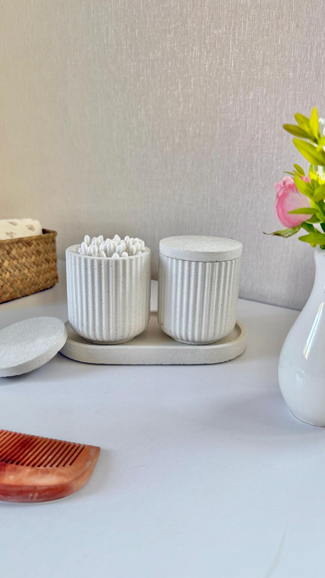 3-piece Vanity Organizer Set – Bathroom Storage Jars With Tray – Cotton ...