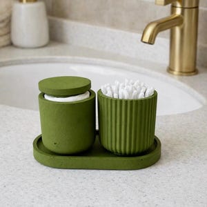 Set organizer per bagno verde, porta cotton fioc, porta cotton fioc, barattolo portaoggetti per bagno con coperchio, accessori per bagno in cemento, vassoio per bagno