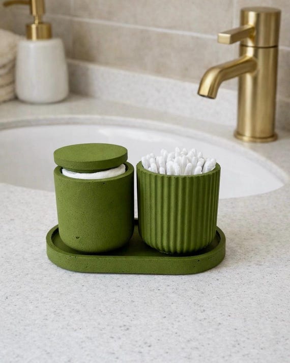 Grünes Badezimmer-Organizer-Set, Wattestäbchenhalter, Aufbewahrungsdose mit Deckel, Badezimmeraccessoires aus Beton, Badezimmertablett