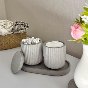 Ribbed Concrete Bathroom Jars Set – Cotton Swab & Pad Holder – Minimalist Vanity Organizer – Modern Sink and Bathroom Shelf Accessory